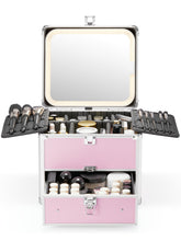 Qislee makeup box icy-pink front view shows portable travel-ready organizer for on-the-go beauty.