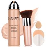 QIUFSSE airbrush foundation bottle application demonstrates even coverage for mature skin.