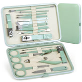 QLNE Tea Green manicure set with open case for organized travel grooming.