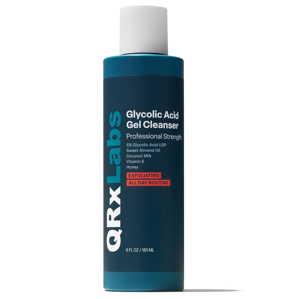 QRxLabs glycolic acid face wash bottle pump in-use, easy daily cleansing for oil control