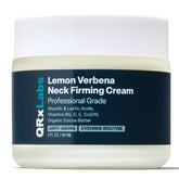 QRxLabs Lemon Verbena Neck Firming Cream bottle shows soothing fragrance and possible firming benefits.
