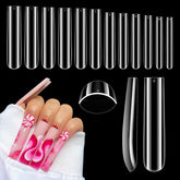 Quaferen 504pcs clear square nail tips assembly showing crystal-clear full-coverage nails for salon use