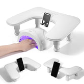 Quaferen Arm Rest for Nails Tech with rotating phone stand enables hands-free design checks.