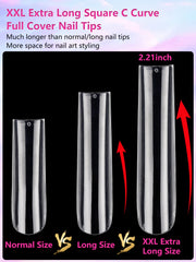 Quaferen XXXL tapered square nail tips emphasizing precise shape with subtle C-curve