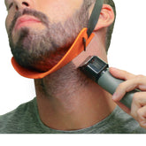 Quality Time beard neckline shaper guide demonstrates precise DIY trimming for sharp necklines.