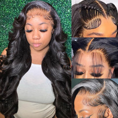 QUANDIAN 28-inch body wave lace front wig setup shows natural volume and fullness.