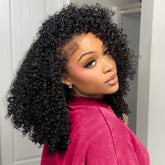 QUANDIAN kinky curly half wig model wears a natural look without glue
