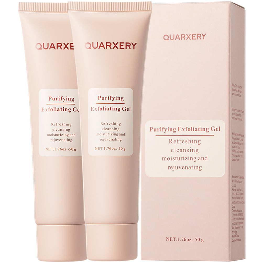 QUARXERY Purifying Exfoliating Gel bottle on shelf for a clean, refreshed complexion.