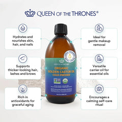 QUEEN OF THE THRONES Organic Golden Castor Oil pouring for easy topical use