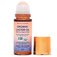 Queen of the Thrones organic golden castor oil roll-on rose quartz bottle for mess-free application