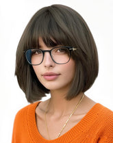 QUEENTAS brown bob wig bangs closeup shows natural texture for daily wear.