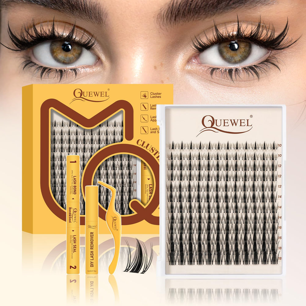 QUEWEL Fairy-Lash-Clusters Kit 144pcs display for quick DIY lash styling.
