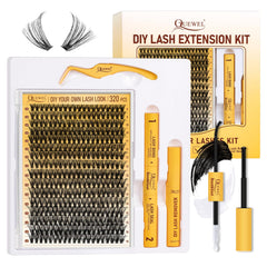 QUEWEL lash clusters kit contents for beginners-friendly DIY lash extensions.