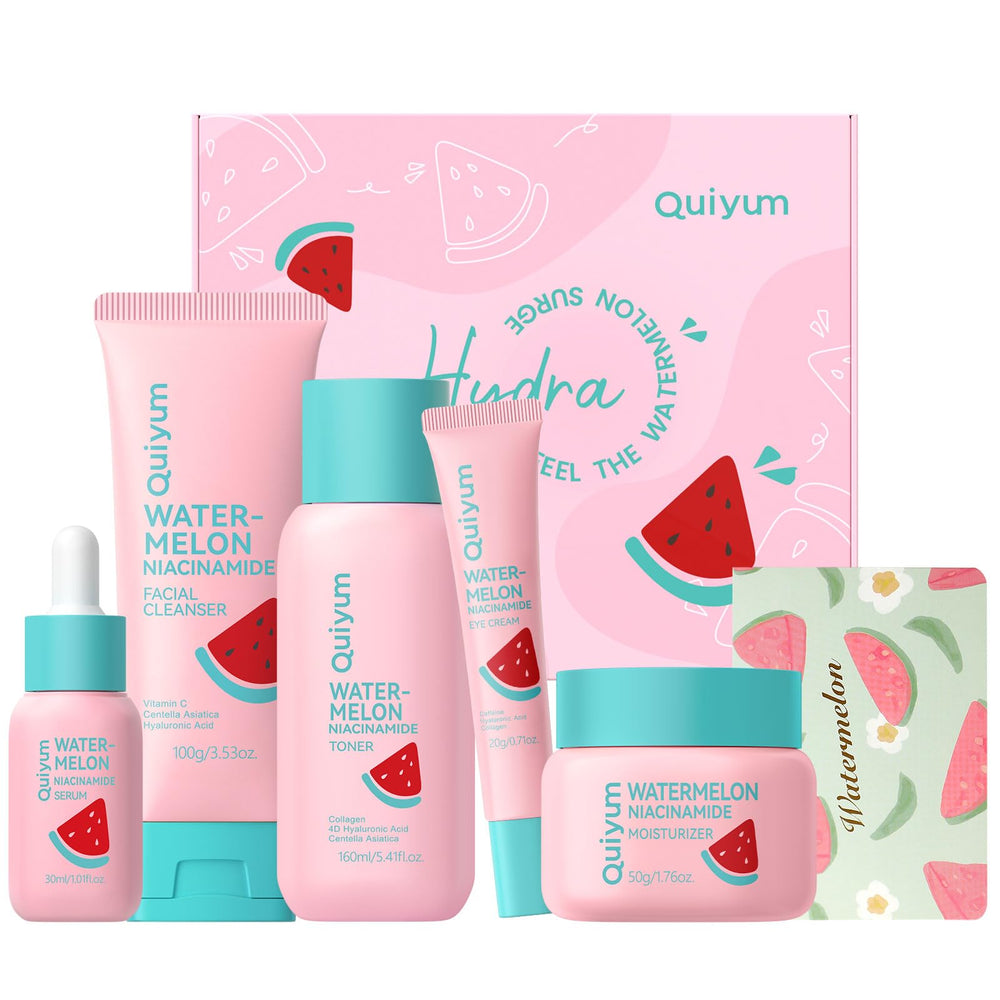 QUIYUM Watermelon Serum bottle pouring provides hydration for a dewy complexion