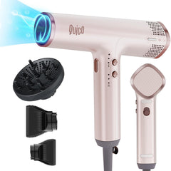 QUICO hair dryer front view in pink with ergonomic handle for comfortable styling.