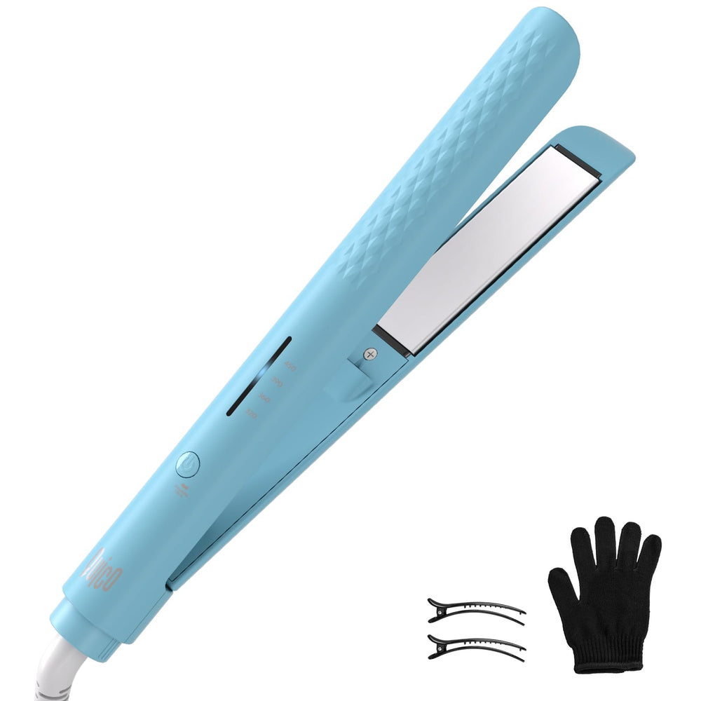 QUICO hair straightener in blue compact design for travel-ready styling.