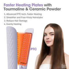 Quico hair straightener displays temperature range 320F–450F for versatile looks