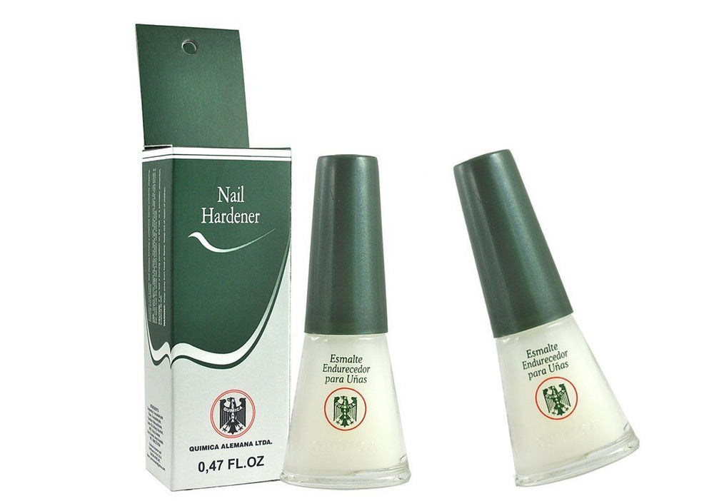 Química Alemana Nail Hardener bottle demonstrates protective barrier for stronger nails