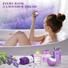 Qivatex lavender scented candle enhances calm ambience during a bath ritual.