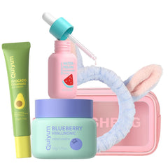 QUIYUM Skin Care Set serum bottle shows hydration for daily use
