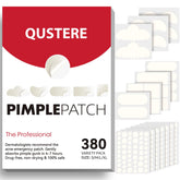 QUSTERE pimple patches pack close-up showing absorption and clear design for discreet wear