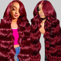 QZOQZO 99J Burgundy lace-front wig 13x6 showing seamless parting and natural hairline.