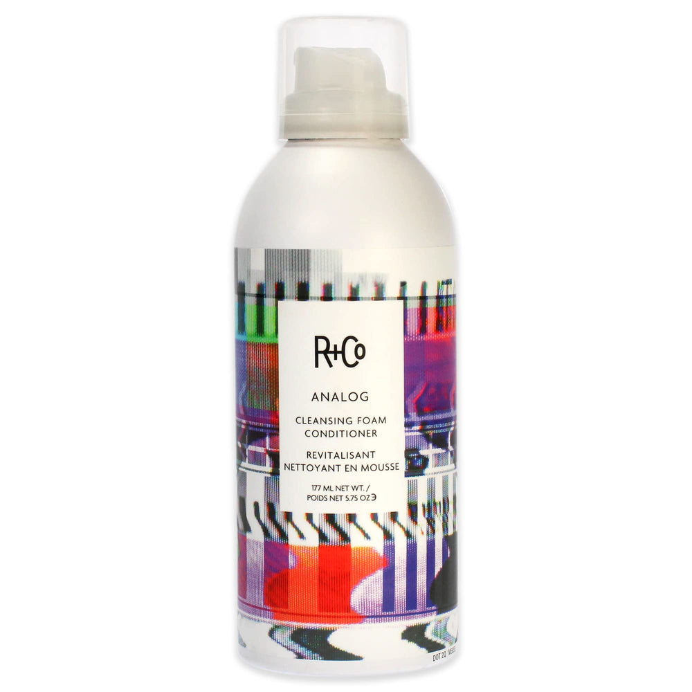 R+Co ANALOG cleansing foam bottle pour demonstrates weightless conditioning and frizz control