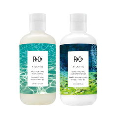R+Co Atlantis shampoo bottle close-up highlighting deep hydration for dry hair