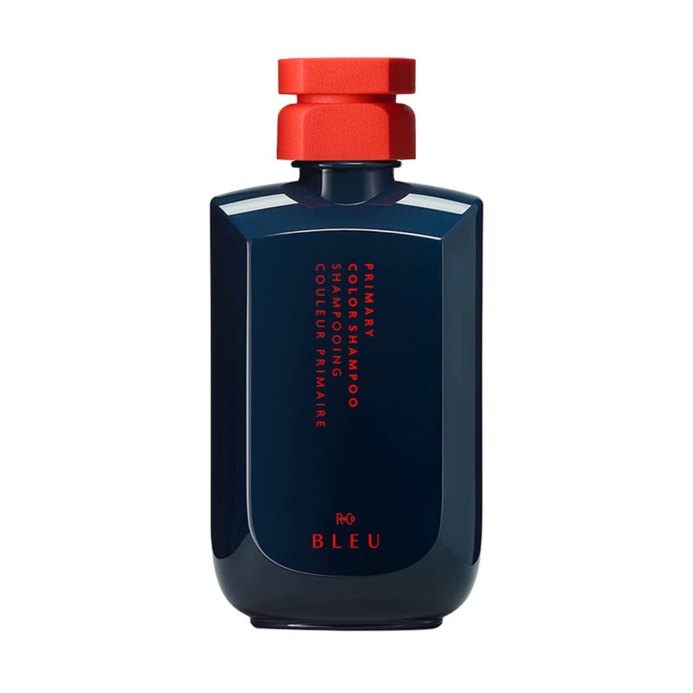 R+Co BLEU shampoo bottle with color protection for vibrant tones.