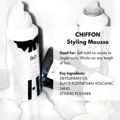 R+Co Chiffon Styling Mousse bottle-back highlighting travel-friendly packaging and light hold