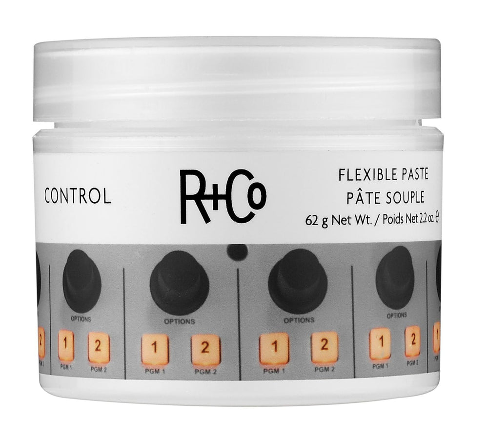 R+Co Control Flexible Paste bottle shows strong hold for versatile styling.