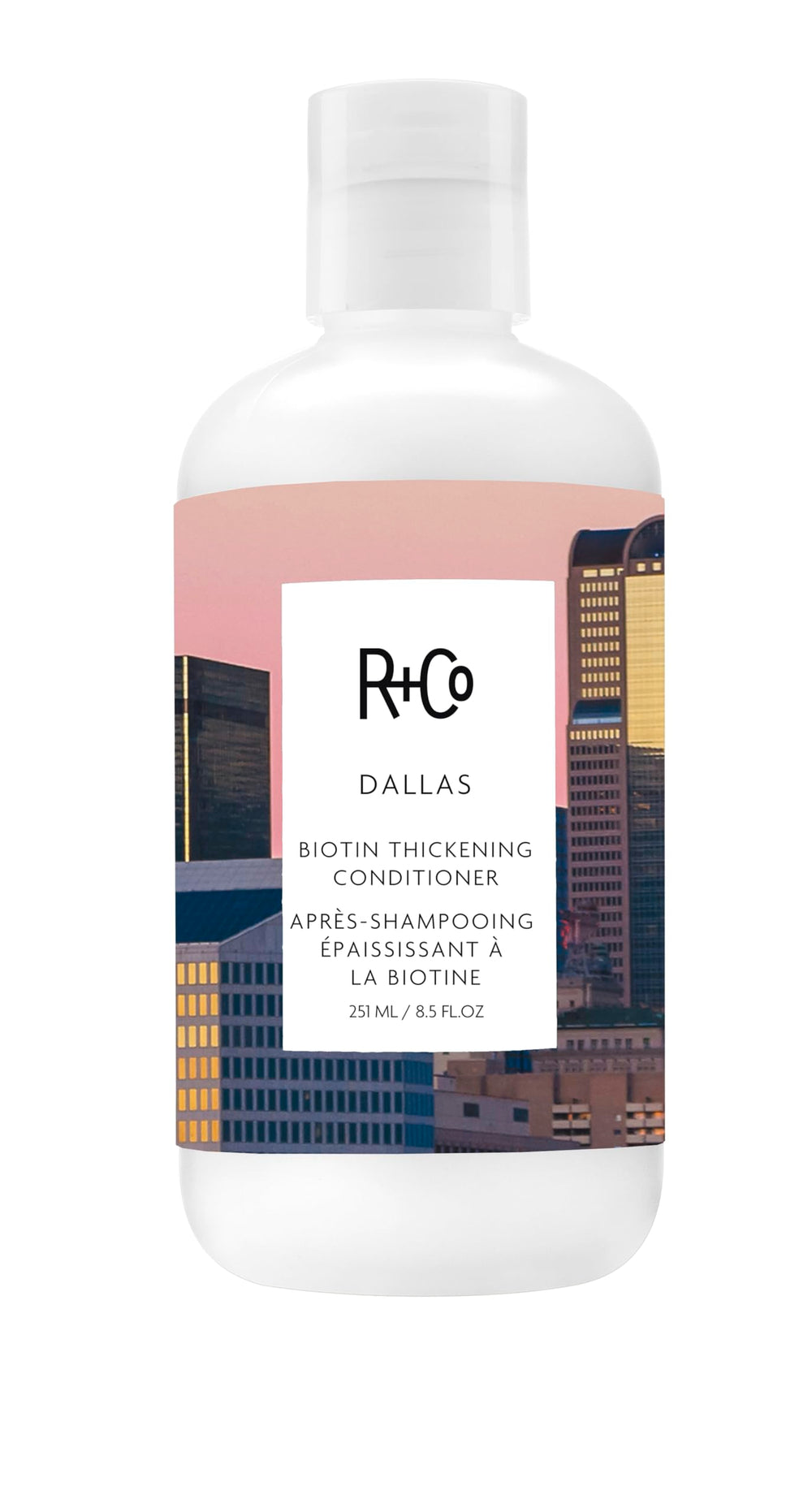 R+Co Dallas Biotin Thickening Conditioner bottle showing weightless hydration and volume