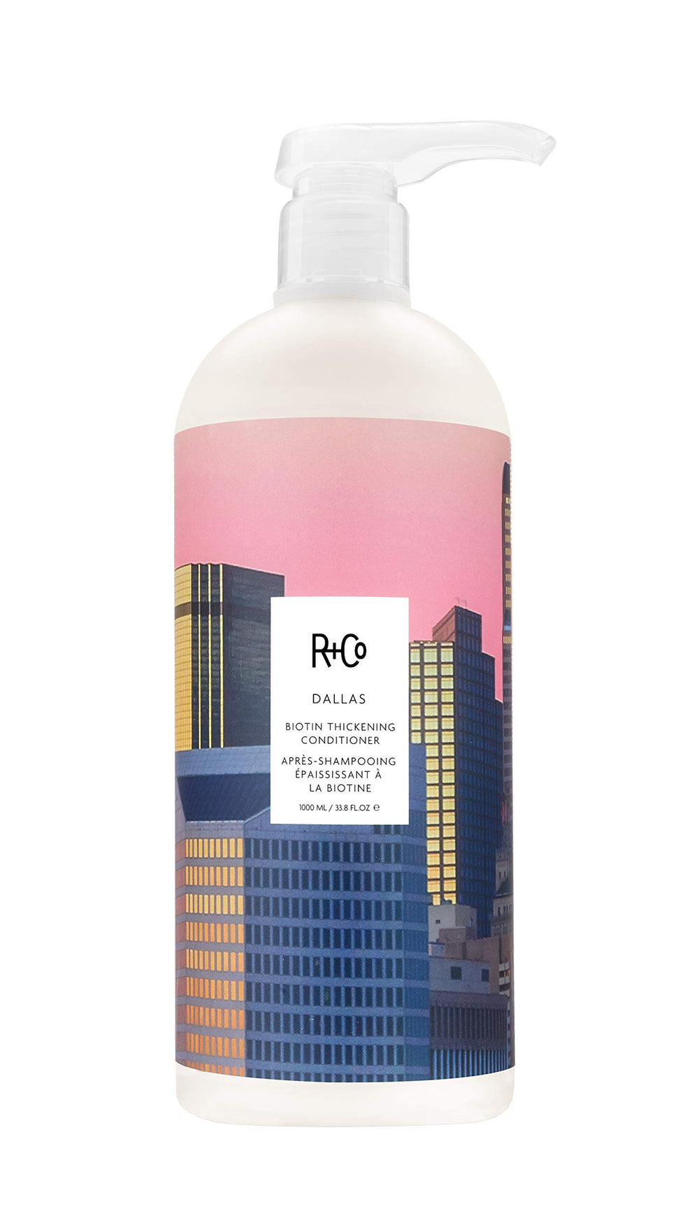 R+Co Dallas Biotin Thickening Conditioner bottle boosts fullness and shine.