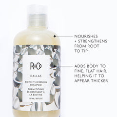 R+Co Dallas Thickening Shampoo pour shot emphasizes easy application and even distribution.