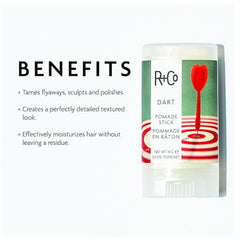 R+Co Dart Pomade Stick sculpted-definition reveal for textured, controlled styles.