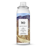 R+Co Death Valley Dry Shampoo bottle shows oil absorption and volume.