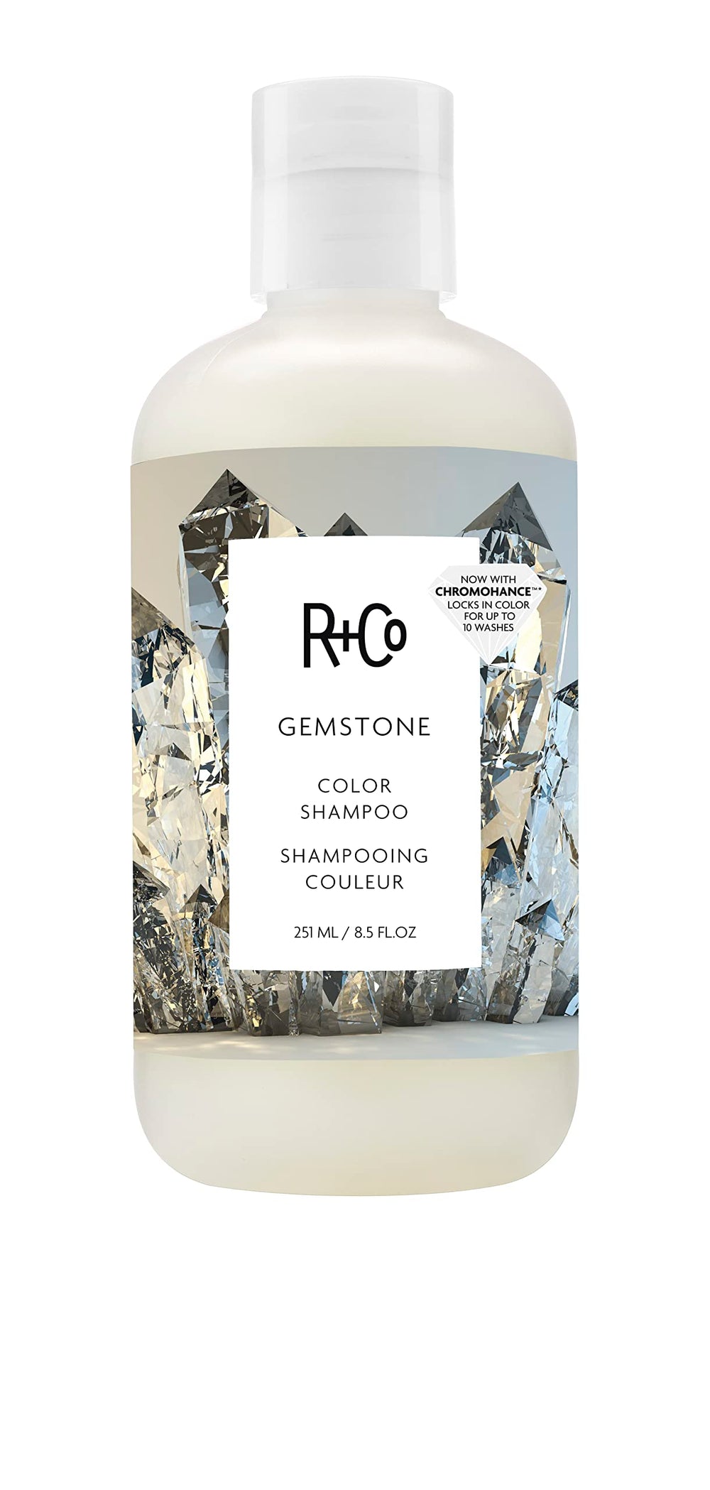 R+Co Gemstone Color Shampoo bottle showcasing vibrant packaging.