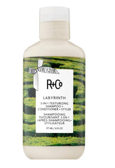 R+Co Labyrinth bottle front highlights easy-to-use texturizing solution for voluminous hair.