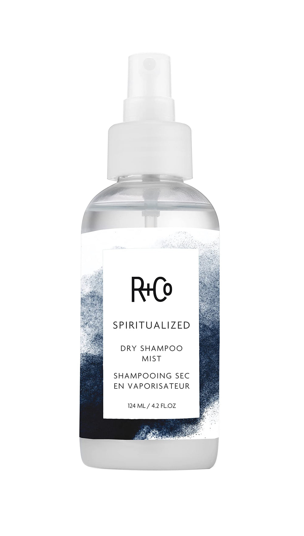 R+Co Spiritualized Dry Shampoo Mist bottle for quick refresh with no powdery residue.
