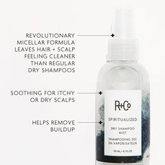 R+Co Spiritualized Dry Shampoo Mist pump demonstrates easy, mess-free root refresh.