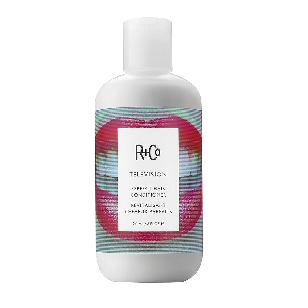R+Co Television Perfect Hair Conditioner bottle front with sleek packaging and weightless moisture.