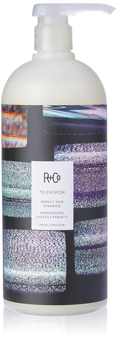 R+Co Television Perfect Hair Shampoo bottle closeup, showcasing sleek packaging and camera-ready shine.