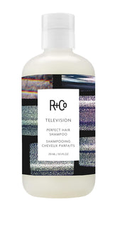 R+Co Television Perfect Hair Shampoo bottle delivers camera-ready shine and moisture.