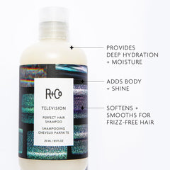 R+Co Television Perfect Hair Shampoo label highlights vegan, cruelty-free formula.