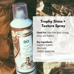 Close-up of R+Co Trophy Shine + Texture Spray mist for flexible hold