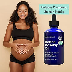 Radha Beauty Rosehip Seed Oil closeup showing silky texture for skin and hair.