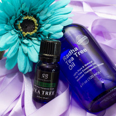 Radha Beauty Tea Tree Oil bottle used in skincare for blemish-prone skin.