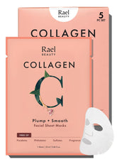 Rael collagen sheet mask close-up highlighting hydrating, plumping action.