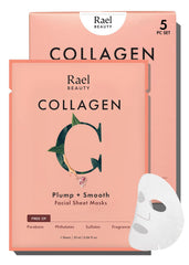 Rael collagen sheet mask close-up highlighting hydrating, plumping action.