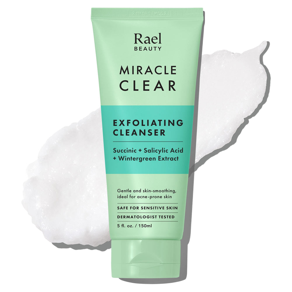 Rael Miracle Clear bottle demonstrates gentle exfoliation for oil control